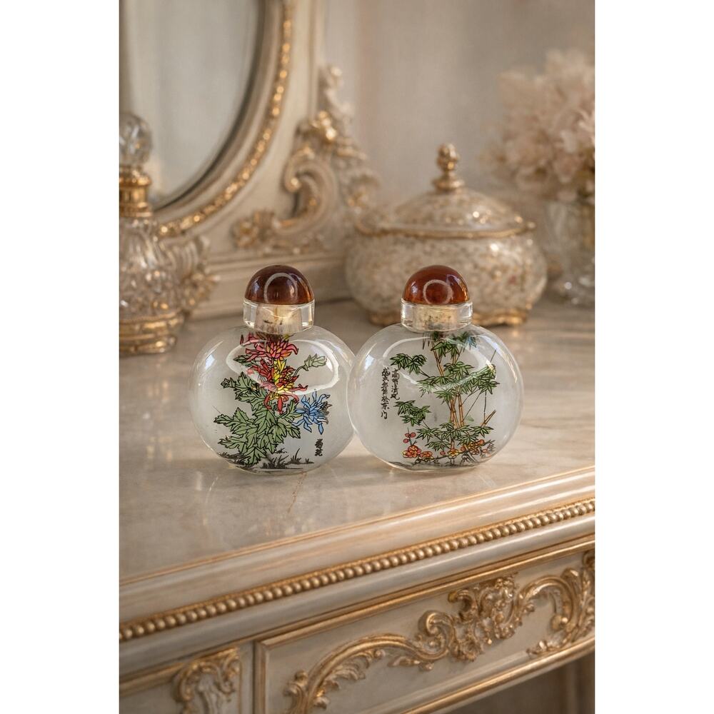 Vintage Chinese Inside Painted Glass Snuff Bottles Set of 2 Bamboo Floral
